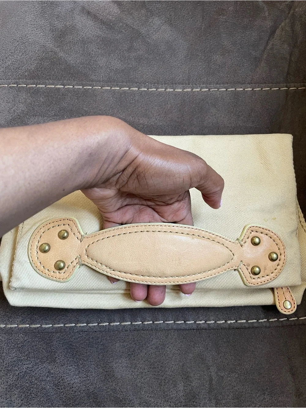GAP Canvas Foldover Clutch Cream Goat Leather Trim Neutral Envelope Bag OS